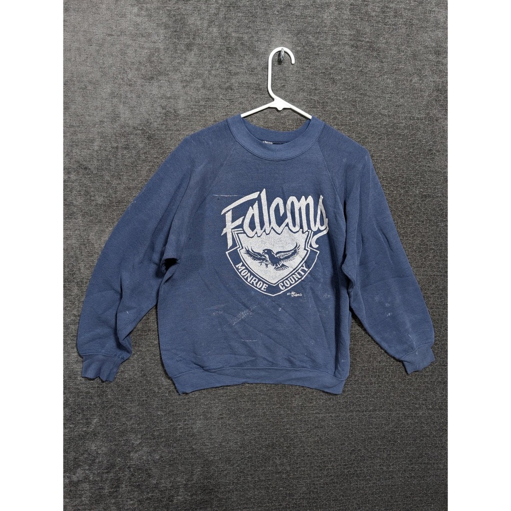 Vintage Fruit of the Loom Monroe County Falcons Sweatshirt Blue Raglan L 1980